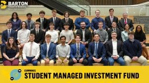 Cummings Student Managed Investment Fund Founding Members pose in the atrium of Woolsey Hall, home of the Barton School of Business.