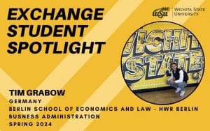 yellow background with black text stating "Exchange Student Spotlight, Tim Grabow, Germany, Berlin School of Economics and Law - HWR Berlin, Business Administration, Spring 2024". There is also a photo of student, Tim Grabow and a Wichita State University logo.