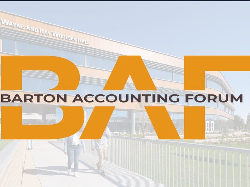 Barton Accounting Forum logo in front of photo of Woolsey Hall.