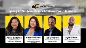 Black and yellow graphic with images of new board members - WSU College of Applied Studies - Spring 2024 - New Dean's Advisory Board Members, Alicia Sanchez - Spirit AeroSystems, Global Culture & DE&I Manager; Amy Williams - Spirit AeroSystems, Global Community Relations & DE&I Director; Ed O'Malley - Kansas Health Foundation, President & CEO; Kyle Ellison - Khan Lab School Wichita , Founding Director