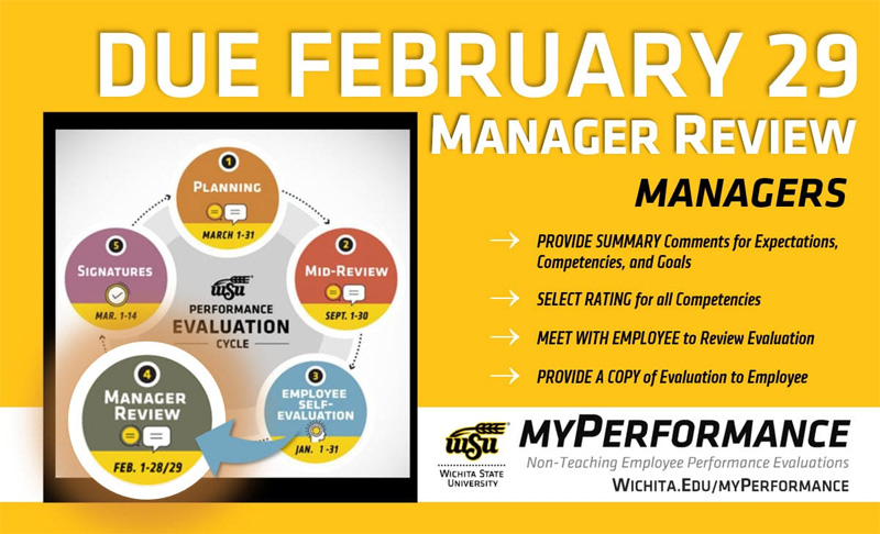 Step 4, manager review, of the annual performance evaluation cycle for non-teaching employees has started and is due February 29. Managers of non-teaching employees can now login to myPerformance, provide summary comments about their employee’s job performance and accomplishments for the year, rate their employee in each competency, and then meet with their employee to deliver their annual performance review.
