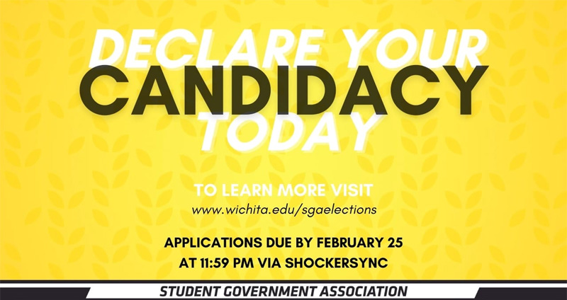 Yellow background with white and black letters. Text, Declare your candidacy today. To learn more visit, www.wichita.edu/sgaelections. Applications due by February 25 at 11:59pm via ShockerSync