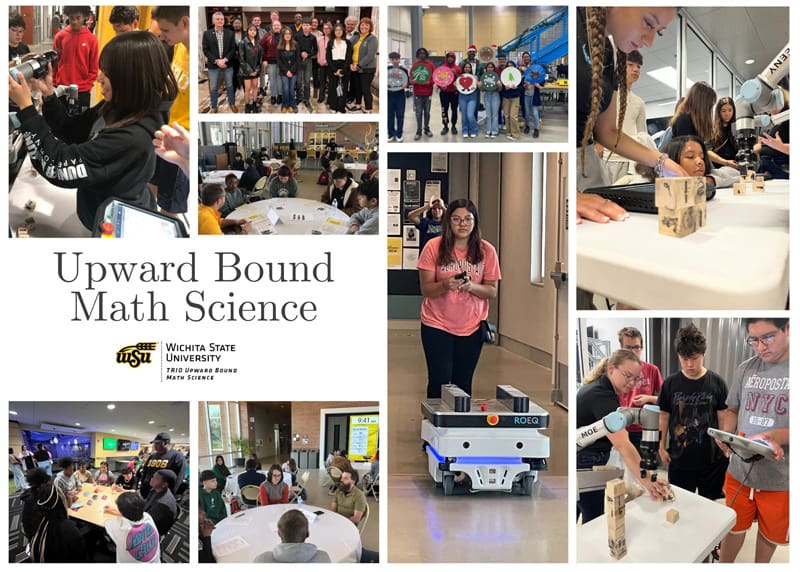 The images are of Upward Bound Math Science participants during the summer 2023 and academic year. Students are participating in stem activities such as robotics, stem networking, go create, and meeting the WSU president.