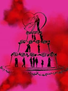Large pink wedding cake with various brides and grooms on multiple levels.