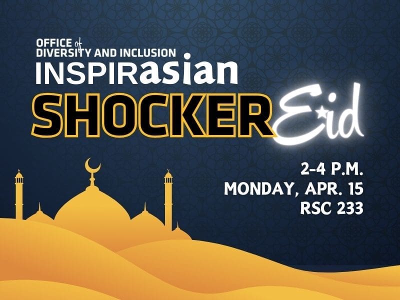Navy background with gold bottom border. "Office of Diversity and Inclusion, SHOCKER Eid" placed in center. Below that "2-4 P.M., Monday Apr. 15, RSC 233"