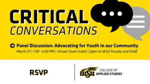 Speech bubbles on a yellow background with the text Critical Conversations. Panel discussion: Advocating for Youth in our Community. March 27, 1-2 p.m., virtual Zoom event, Open to WSU faculty and staff