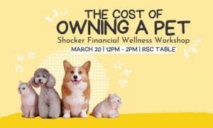 The Cost of Owning a Pet, Shocker Financial Wellness Workshop, March 20, 12PM-2PM, RSC Table, an image of a few cats and dogs in front of a yellow background