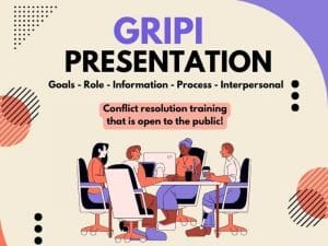 WSU Model UN: GRIPI Presentation (Goals - Role - Information - Process - Interpersonal); conflict resolution training open to the public!; tuesday, March 19th, 2024; 3:30-5:00PM; Woolsey Hall 334. There is a table with 4 people sitting with laptops/office materials.