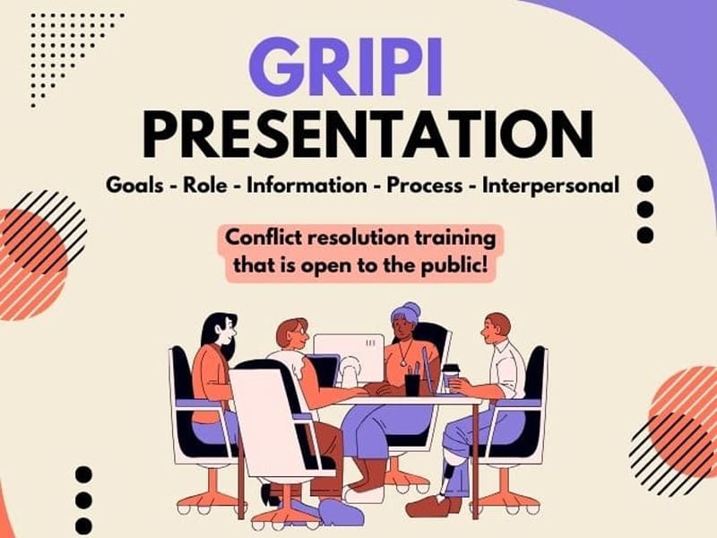 WSU Model UN: GRIPI Presentation (Goals - Role - Information - Process - Interpersonal); conflict resolution training open to the public!; tuesday, March 19th, 2024; 3:30-5:00PM; Woolsey Hall 334. There is a table with 4 people sitting with laptops/office materials.
