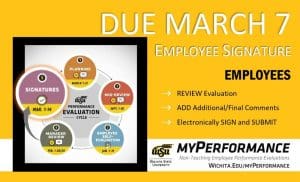 Step 5, signatures, of the annual performance evaluation cycle for non-teaching employees has started and employee signatures are due March 7. Employees can now login to myPerformance, review their evaluation, add any final comments, and electronically sign their evaluation.