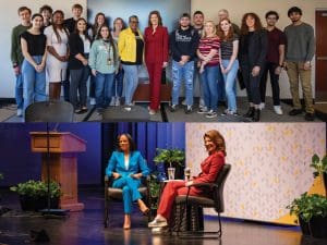 Collage of Norah O'Donnell with WSU students and on stage with Felicia Rolfe