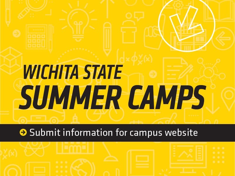 Yellow graphic with the text: Wichita State summer camps. Submit information for campus website.