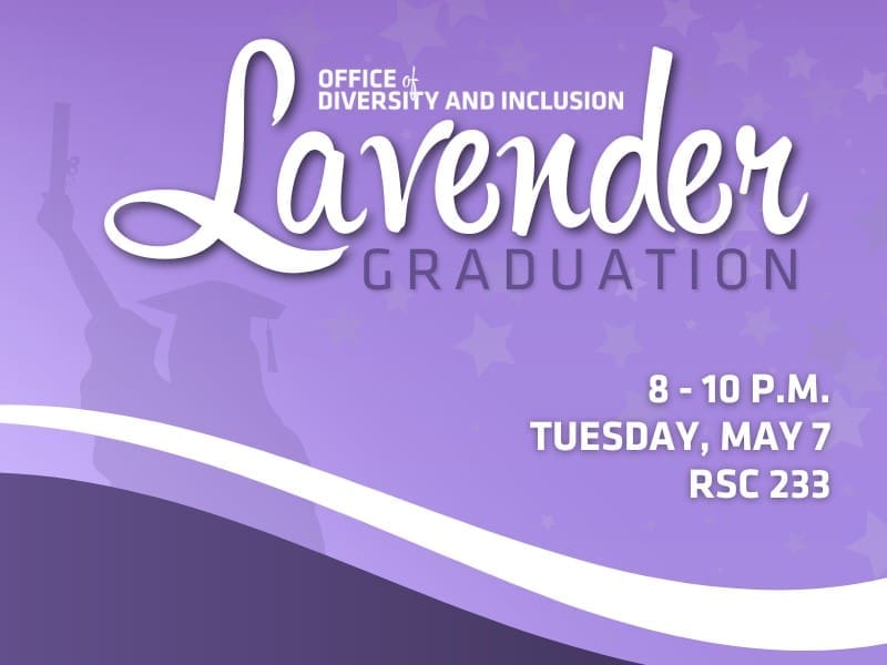 Purple Image with Graduating person in Grey. Stating that Lavender Graduation is on May 7 2024 at 8:00 pm
