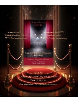 French musical « Chante la vie, chante » flyer, includes a theater picture with written information about the musical date, time and place, and the actors and singers names.