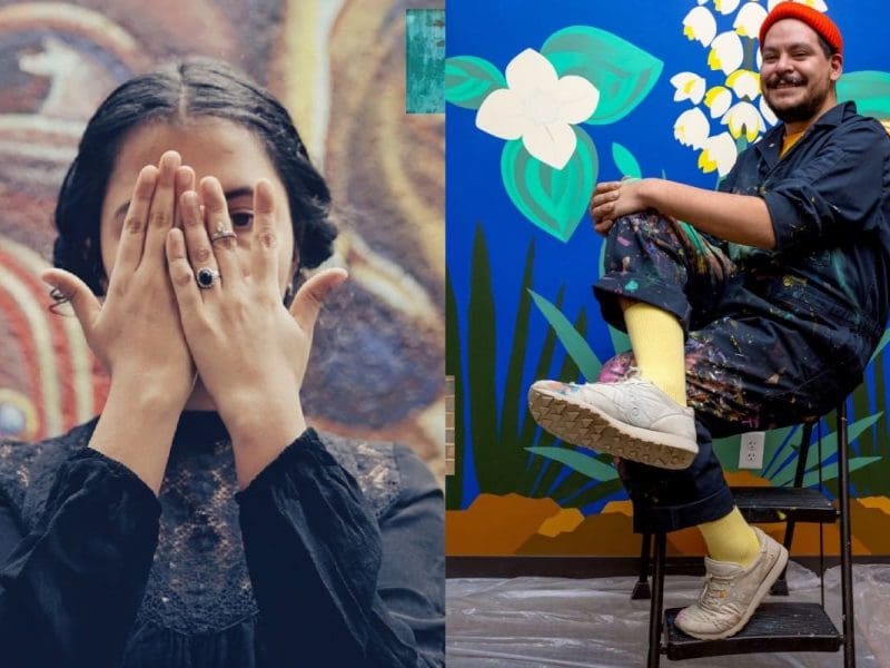 On the left,  a young woman covers her face playfully. On the right, a man with a mustache poses sitting and smiling on a stool in front of a colorful background.