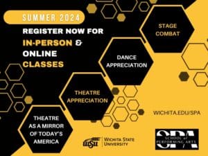 Summer 2024; register now for in-person & online classes; stage combat; dance appreciation; theatre appreciation; theatre as a mirror of today's america; wichita.edu/spa