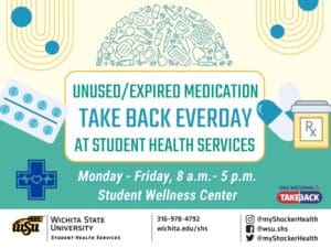 Unused/Expired Medication Take Back Everyday at Student Health Services Monday - Friday 8am - 5pm Student Wellness Center. Decorative Image of medication.