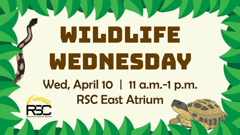Cartoon animals and leaves with the text "Wildlife Wednesday. Wed. April 10 | 11 a.m.-1 p.m. RSC East Atrium"