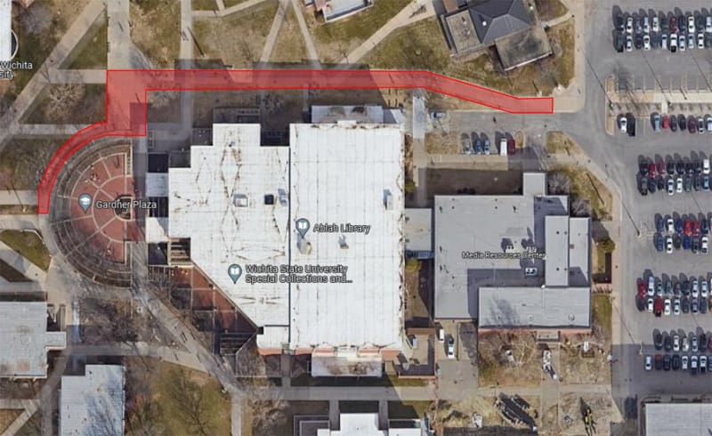 A map highlighting the sidewalks north of Ablah Library and the Media Resources Center in red