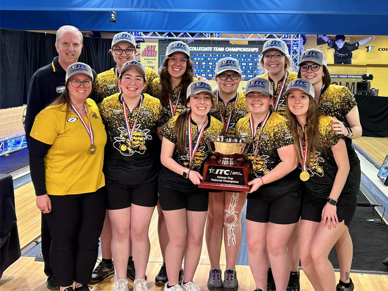 Shocker women's bowling pose with its 2024 Intercollegiate Teams Championship trophy