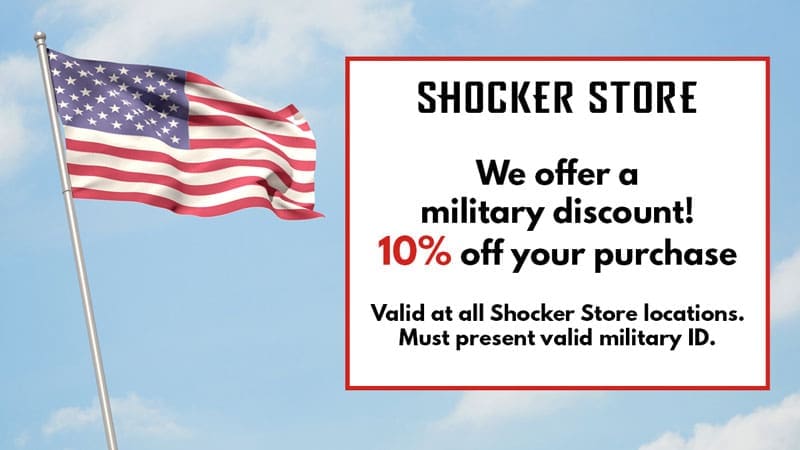 Shocker Store. We offer a military discount! 10% off your purchase. Valid at all Shocker Store locations. Must present valid military ID.