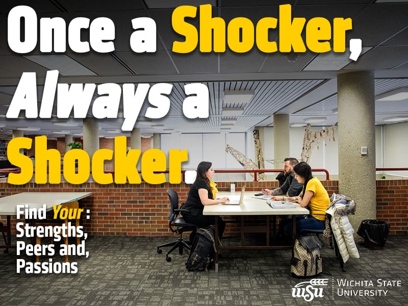 Adult Learners studying together at a table. Text includes: Once a Shocker, Always a Shocker. Find your: Strengths, Peers, and Passions.