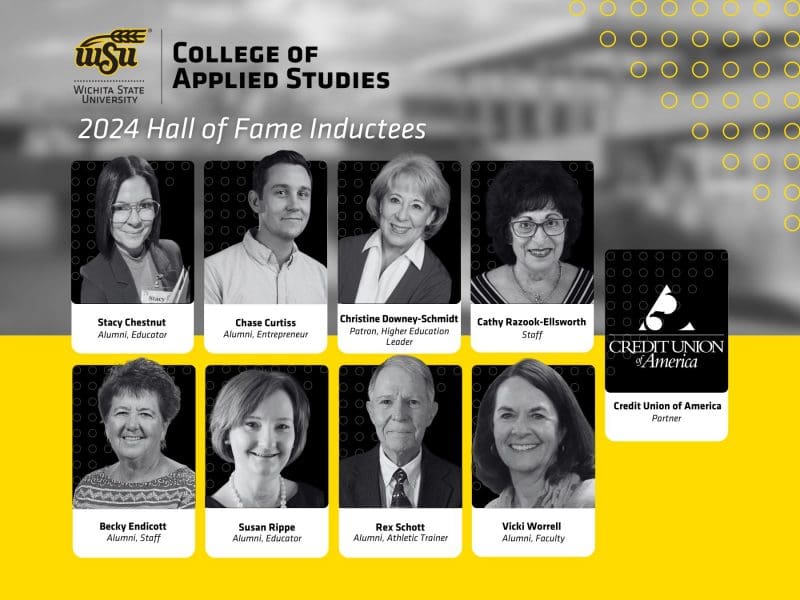 Graphic with 2024 Hall of Fame Inductees images and titles. CAS logo, 2024 Hall of Fame Inductees, Stacy Chestnut, alumni and educator; Chase Curtiss, alumni and entrepreneur; Credit Union of America, partner; Christine Downey-Schmidt, patron and higher education leader; Cathy Razook-Ellsworth, alumni, educator, and staff member; Becky Endicott, alumni and staff member; Susan Rippe, alumni and educator; Rex Schott, alumni and athletic trainer; and Vicki Worrell, alumni and faculty member.