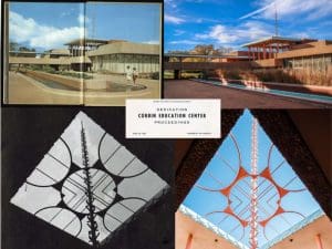 Corbin Collage with images side by side and cropped program for Corbin Education Center dedication "Belvedere Roof, North Court - Corbin Education Center, Dedication, Corbin Education Center Proceedings, June 28, 1964, University of Wichita