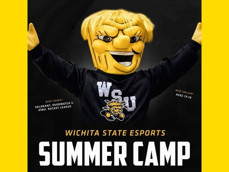 - Wichita State Esports 2024 Summer Camp - Session 1 June 17-21, Session 2 June 24-28. What Games? Valiant, Overwatch 2, SSBU, Rocket League. Who can join? Ages 13-18. Black background with WSU Shocker image.