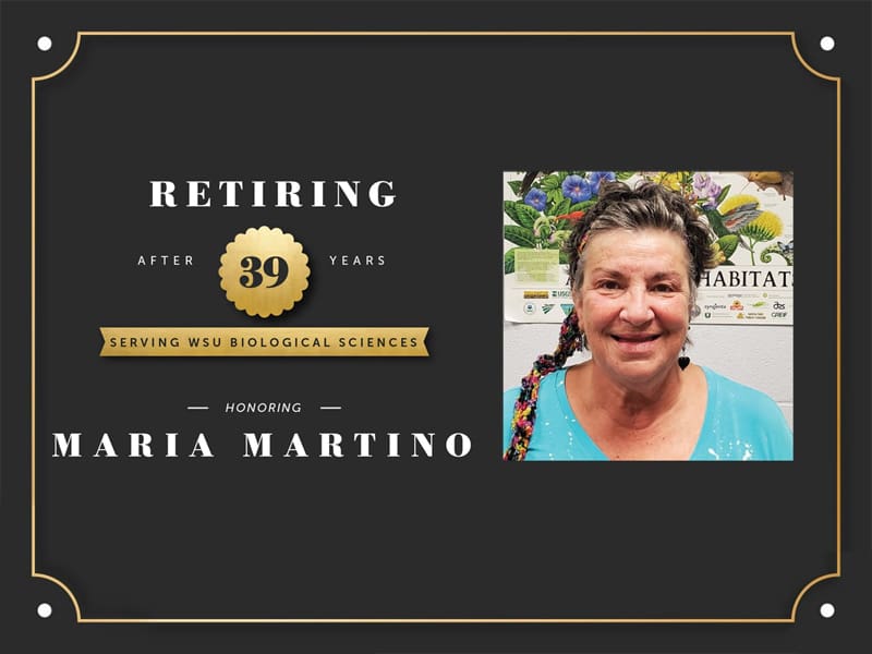 Headshot of Maria Martino on the event invitation that mentions honoring her 39 years of service to WSU Biology!