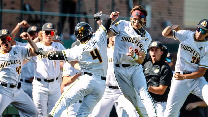 Shocker baseball celebrates during a game