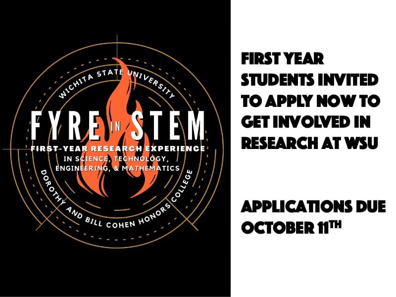 Image of flame on black background with the text "FYRE in STEM, First Year REsearch Experience in Science, Technology, Engineering, & Matematics" in center.  Text around edges states "Wichita State University, Dorothy and Bill Cohen Honors College."