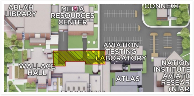 Map of Wallace Hall, Beggs Hall and Aviation Testing Lab showing areas impacted by construction.