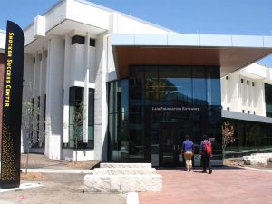 The front entrance of the Shocker Success Center