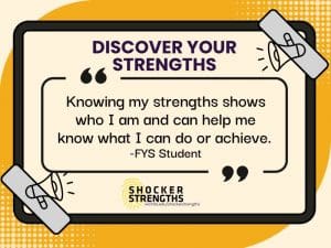 Discover Your Strengths. Image includes graphic elements and a quotation box with the quote "Knowing my strengths shows who I am and can help me know what I can do or achieve. - FYS Student". Image include ShockerStrengths logo and website: www.wichita.edu/shockerstrengths.