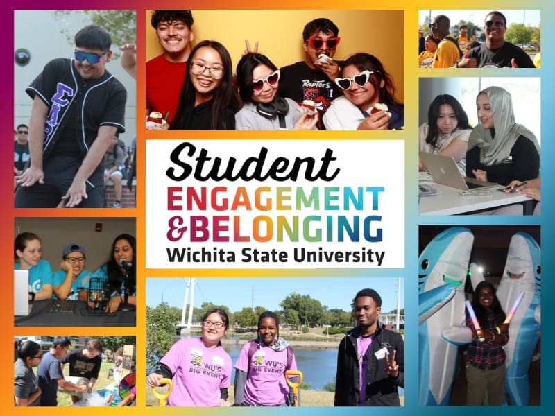 Student Engagement & Belonging logo. Images of students participating in various events/activities.