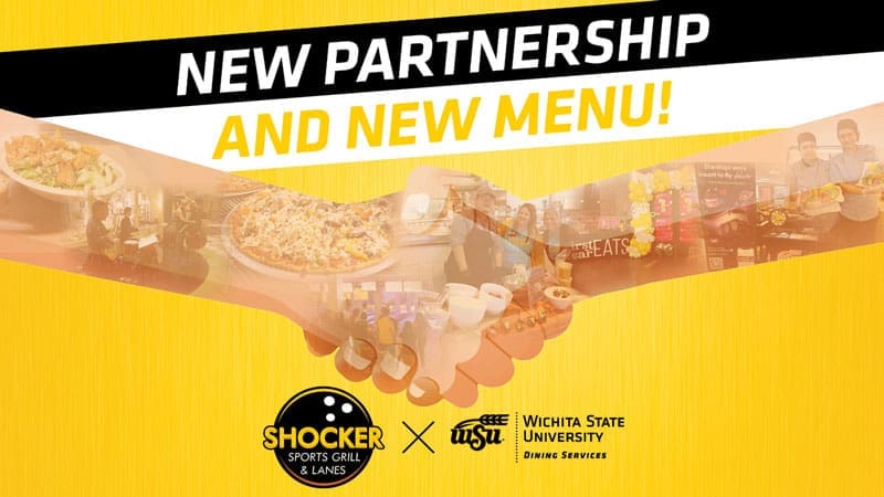 New partnership and new menu! Shocker Sports Grill & Lanes logo and WSU Dining logo