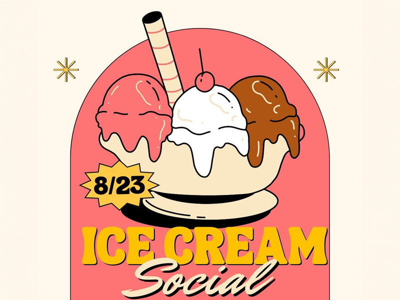 Cartoon ice cream cup with the words "Ice Cream Social"