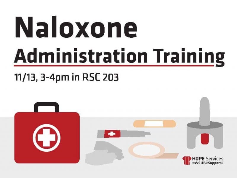 Image contains first aid kit with supplies and nasal naloxone dispenser. Text states: Naloxone Administration Training, 11/13, 3-4pm in RSC 203.