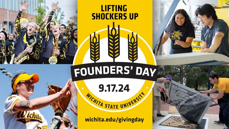 The graphic features four images of Wichita State students, along with the copy "Lifting Shockers Up, Founders' Day, 9.17.24, Wichita State University, wichita.edu/givingday"