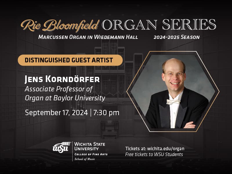 Rie Bloomfield Organ Series 24-25 season Distinguished Guest Artists Jen Korndörfer, Associate professor of Organ at Baylor University.  Marcussen organ in Wiedemann Hall. Tuesday, September 17, 2024 at 7:30pm.