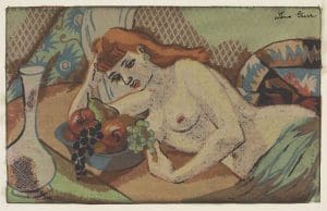 A painting of a woman relaxing next to a bowl of fruit