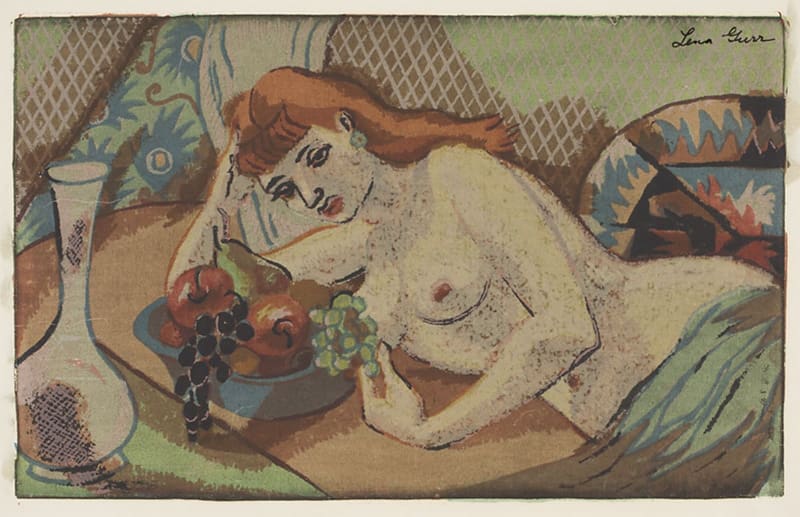 A painting of a woman relaxing next to a bowl of fruit