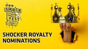 A hand holding a crown against a yellow background with text that reads Shocktoberfest 2024 Shocker Royalty Nominations