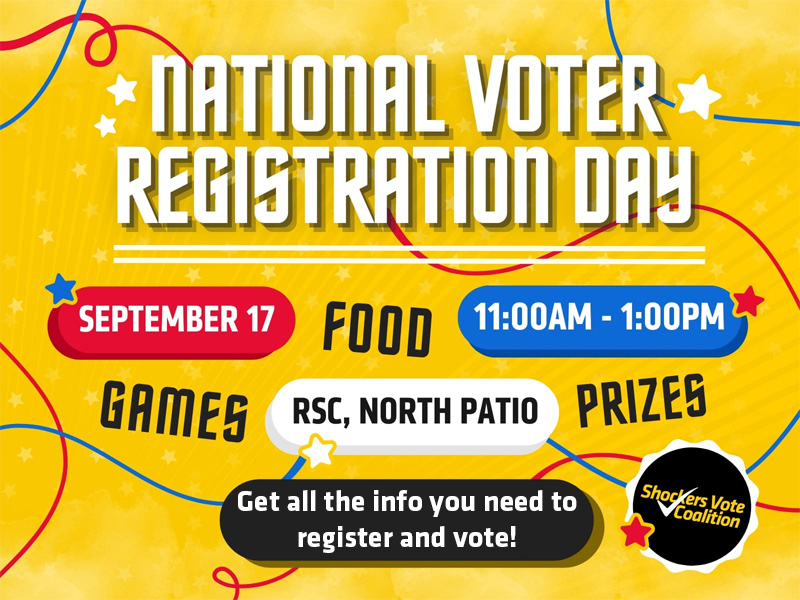 National Voter Registration Day, September 17th from 11:00 a.m.-1:00 p.m. Drop by the RSC North Patio to pick up information about voting. Food, prizes and games will be available as they last.