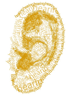 Picture of a wordcloud in the shape of an ear made of "hearing."