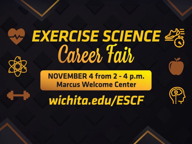 Image reads: Exercise Scienc Career Fair, November 4 from 2 - 4 p.m.,  Marcus Welcome Center, wichita.edu/ESCF.  It features various icons related to exercise, health, science, and fitness, including a heart, running shoe, apple, brain, and dumbbell.