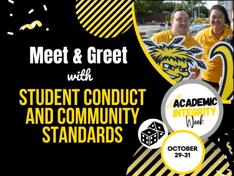 Meet and Greet with Student Conduct and Community Standards with a photo of SCCS University employees, advertising Academic Integrity Week happening from October 29th - 30th.