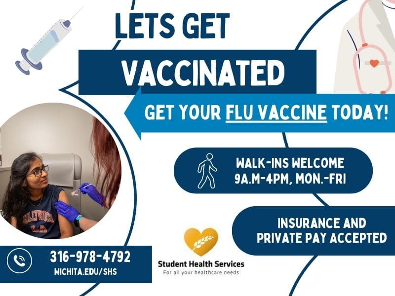 Let's Get Vaccinate: Get your flu vaccine today! WALK-INS Welcome 9A.M-4PM, Mon.-Fri. Insurance and Private Pay Accepted. 316-978-4792 Wichita.edu/SHS. Decorative Images of Student Health and medical graphics.