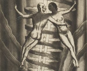 Two drawn figures are intwined